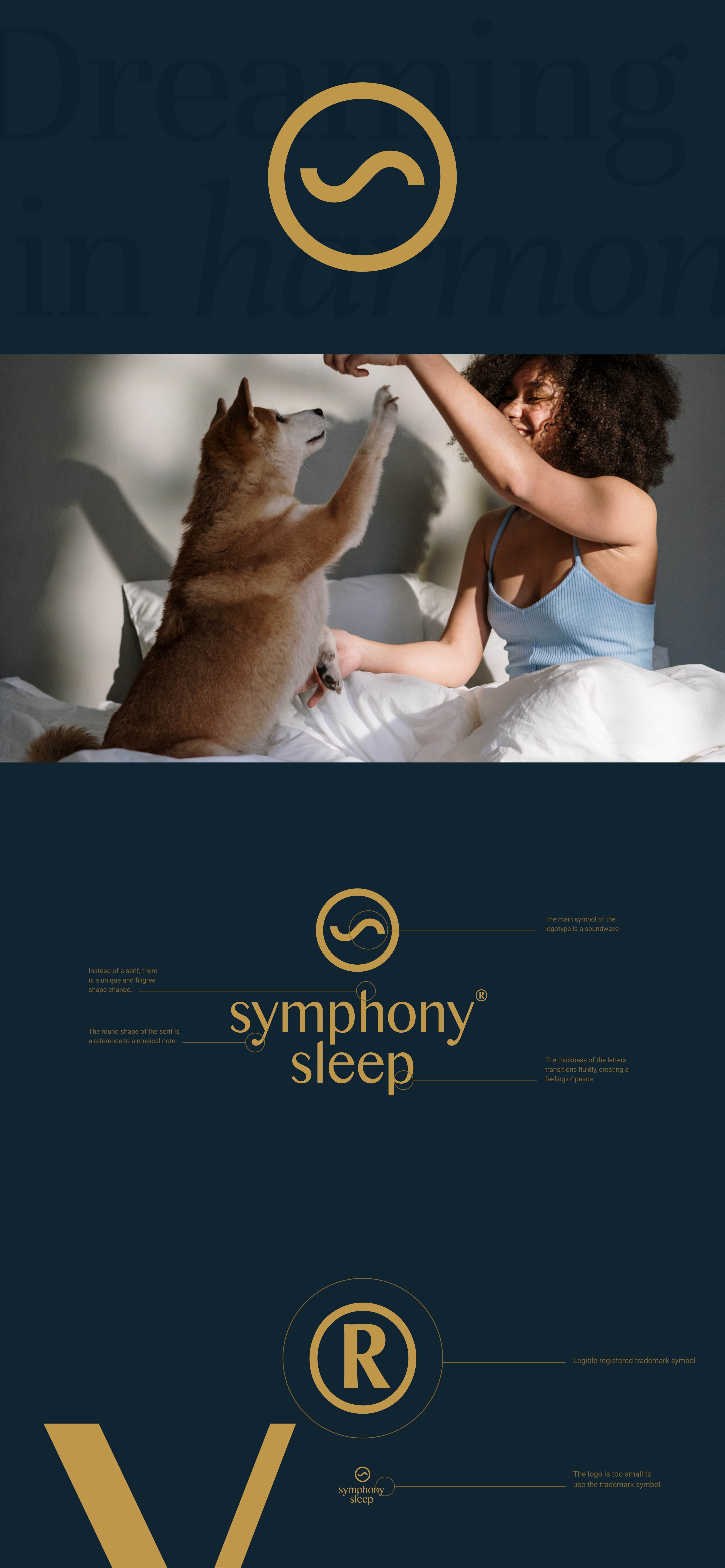 Big logo Sympfony Sleep. Disassembled logo. Picture of a girl with a dog