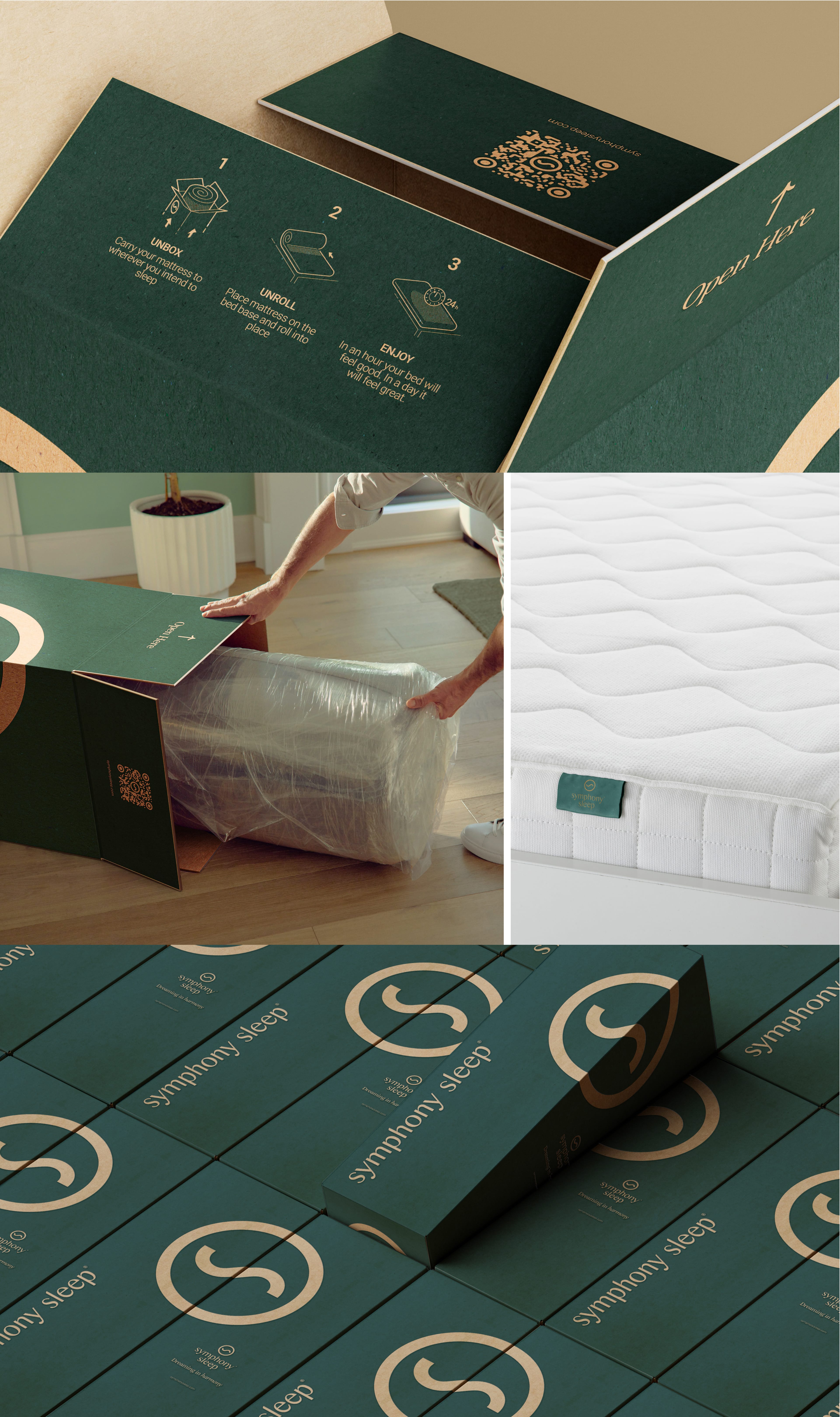 DD.NYC Branding Design for Sympfony Sleep. green Packaging shown from different angles. Mattress with logo Sympfony Sleep